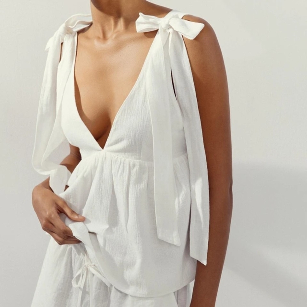 NWT Zara Organic Cotton Linen V-neck Bow Strap Tank Top In Oyster White - M